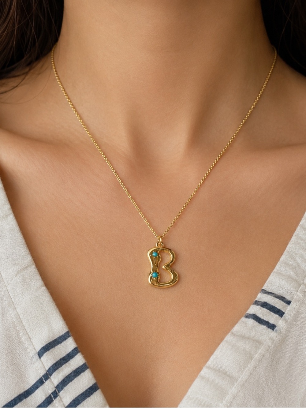 Gold 'B' Initial Necklace with Turquoise Accents - For Women